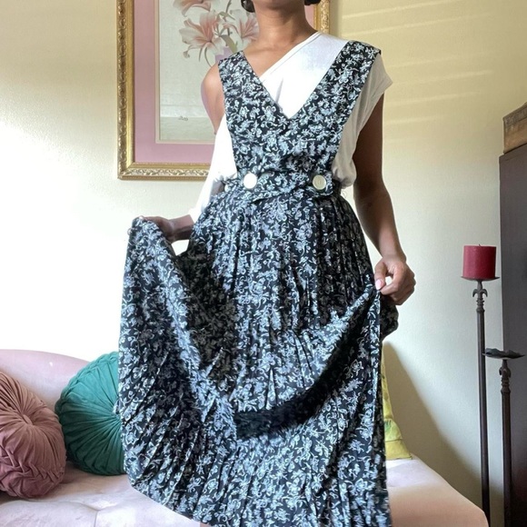 Vintage Floral Black + White Criss Cross Top Maxi Length Jumper Dress - Picture 4 of 4